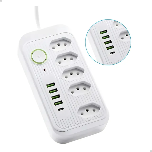 Extensão 5 Tomadas, 4 Portas Usb E 1 Tipo C 110/220v Régua