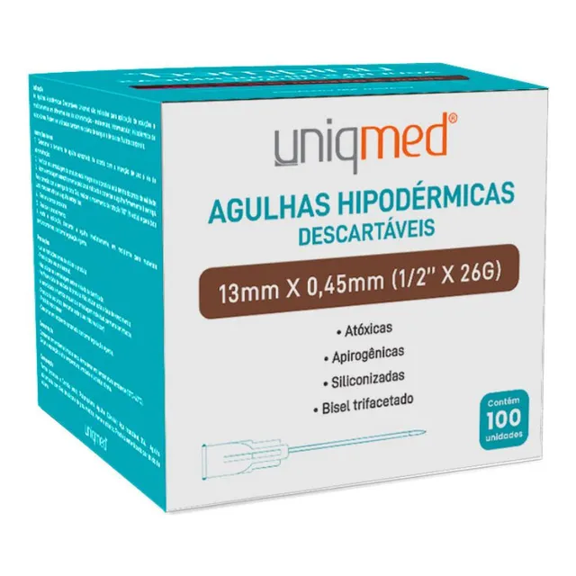 Agulha HiPodérmica 13mmx0,45mm (1/2 X26g) Cx C/ 100 Unds Capacidade em volume 26 mL
