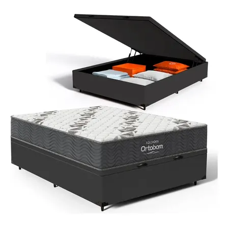Cama Box Baú E Colchão Espuma D33 Ortobom Airtech 100 Casal Preto