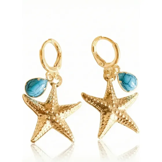 Brinco Argola Click Estrela Mar Pingente Turquesa — foto 2