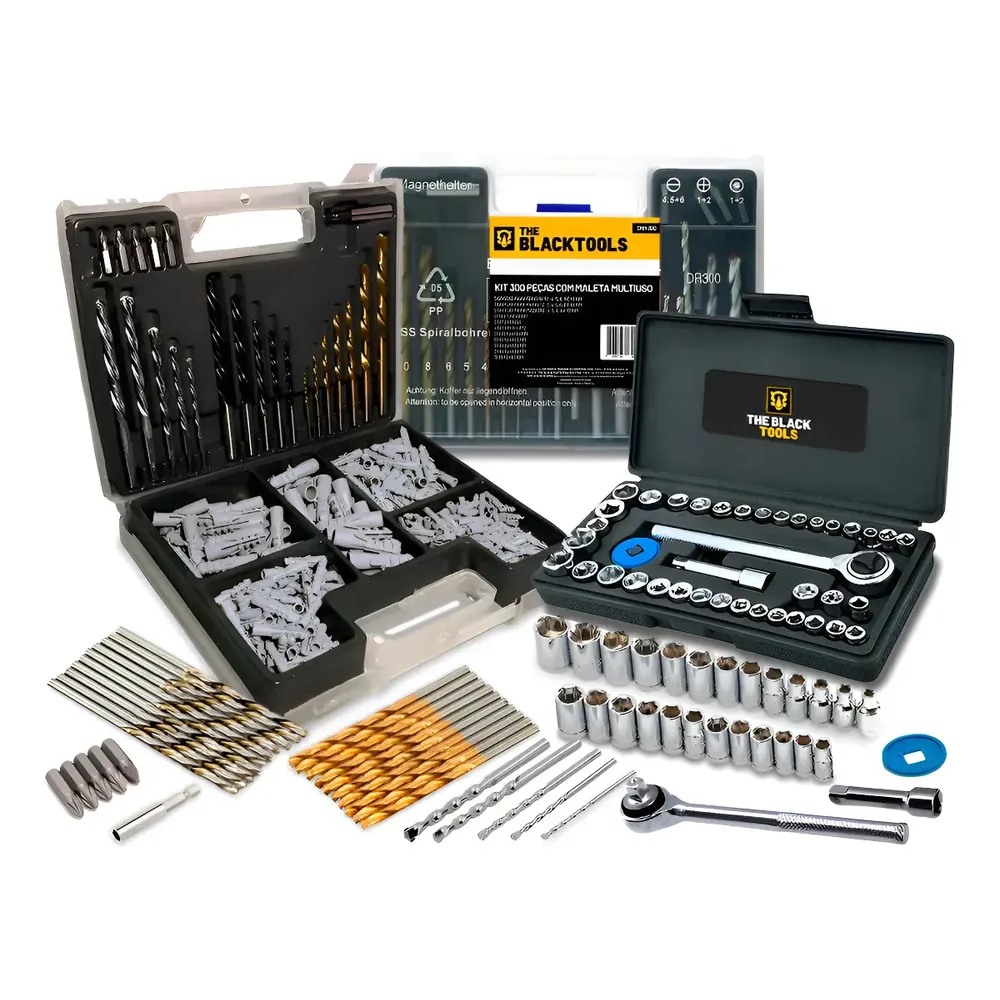 Jogo De Brocas Buchas E Bits Com 300 Peças E Maleta + Kit Chaves Catraca Reversível 40 Peças The Black Tools