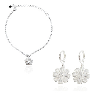 Kit Brinco De Flor Argola + Pulseira Coração Casual Banhado Kit Brinco De Flor Argola + Pulseira Coração Casual Banhado