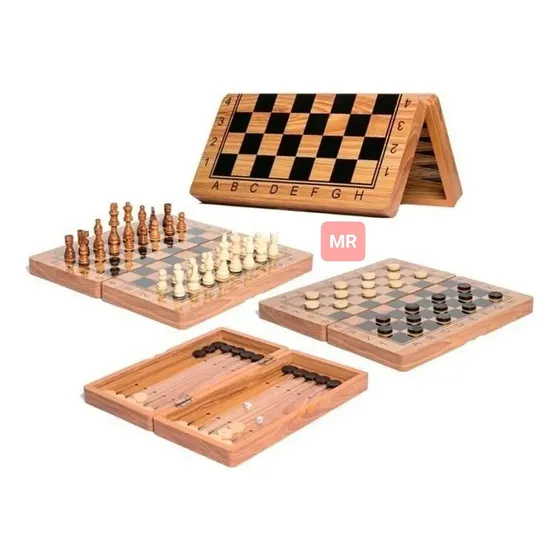 Tablero De Ajedrez Dama Backgamon 3 En 1 Juego De Madera 50c