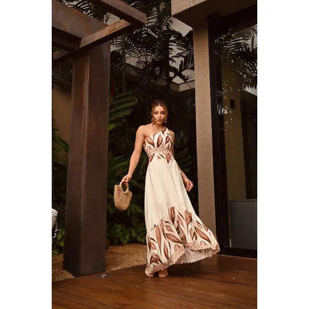 Vestido Feminino Estampa Folha Ombro Só Babado Assimétrico