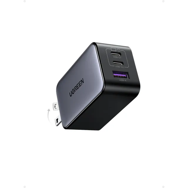 Cargador Usb C Ugreen 65w 3 Puertos Gan Plegable Negro