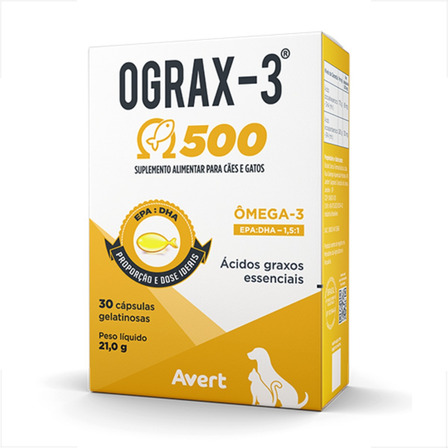 Suplemento Avert Ograx-3 500mg Para Cães E Gatos 30 Cápsulas Suplemento Avert Ograx-3 500mg Para Cães E Gatos 30 Cápsulas