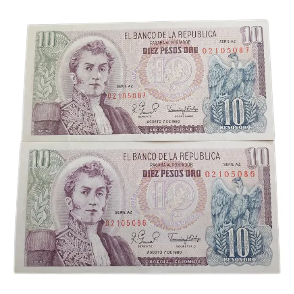 Dúo Billetes De 10 Pesos Oro Serie Az 1980 Sin Circular Unc