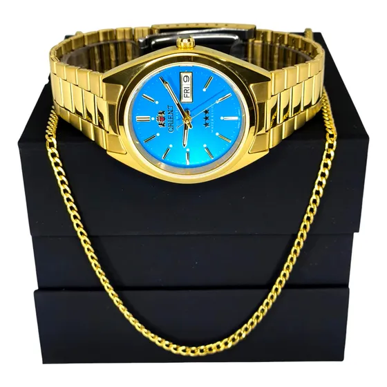 Relógio Orient Automático Masculino Dourado Fundo Azul Fundo Azul-celeste