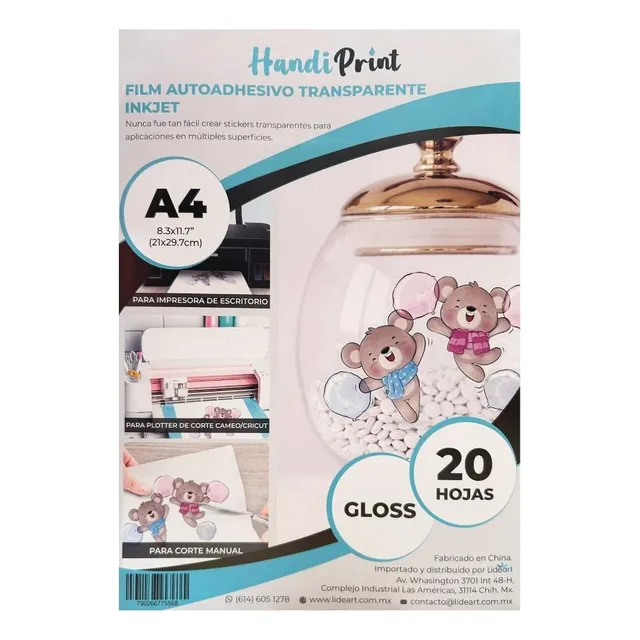 Adhesivo Transp Inkjet Gloss A4*20 Handi Print Color Transparente