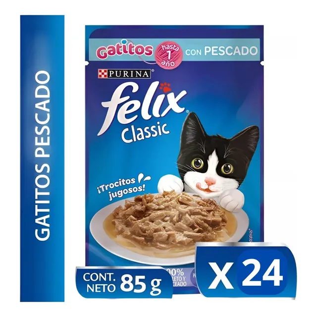 Pack 24 Sobres Alimento Para Gatos Felix Gatitos Pescado 85g