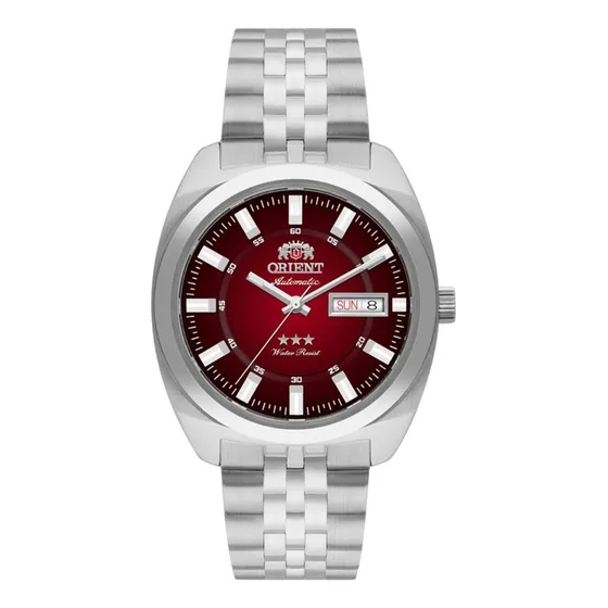 Relógio Orient Heritage Automático 3 Estrelas Yn6ss005 W1sx Correia Prateado Bisel Prateado Fundo Vermelho
