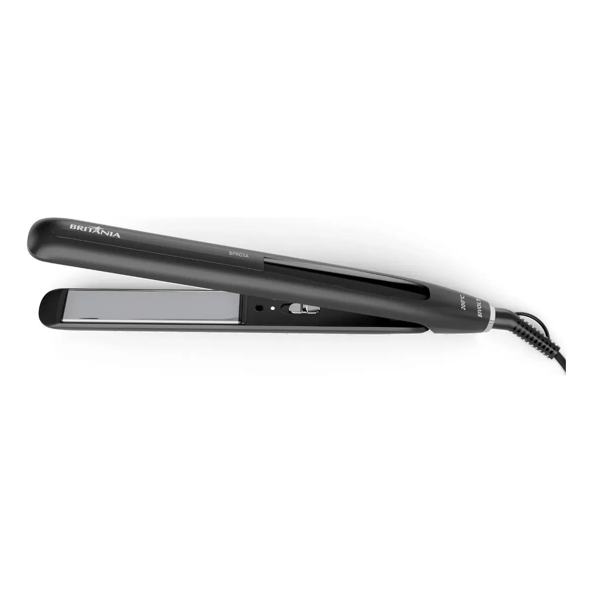 Prancha de cabelo Britânia modelo BPR03A na cor preta, com placas de revestimento cerâmico e cabo de energia