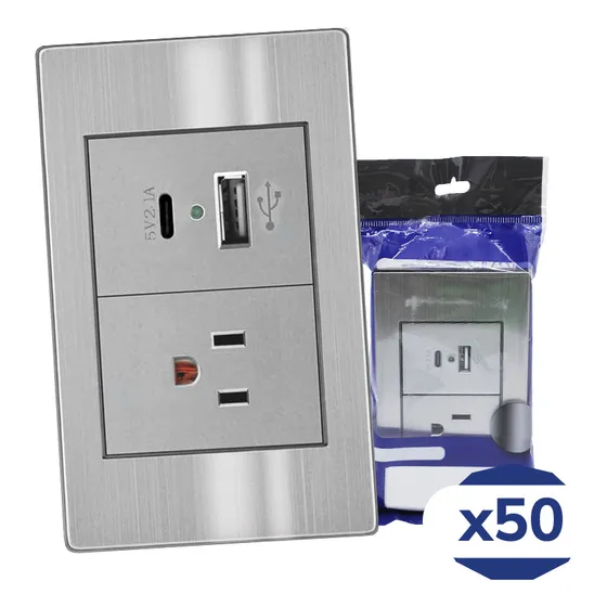 Placa Contacto Sencillo 90-277vca Y Convertidor De Voltaje Doble Usb 5vcd 2.1a Acero Inoxidable Gris 77x124mm Artlite Apl-107 Paquete 50 Piezas