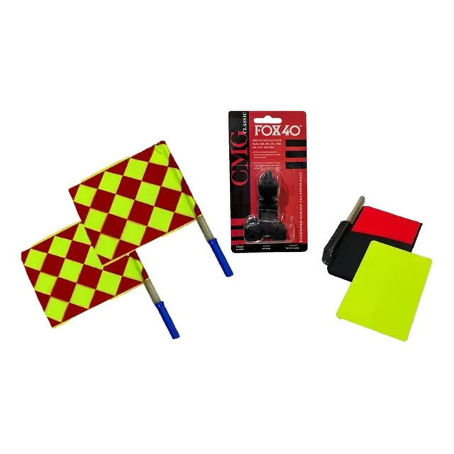 Combo Arbitro 2 Banderines 1 Silbato 1 Set Tarjetas Y Lapiz