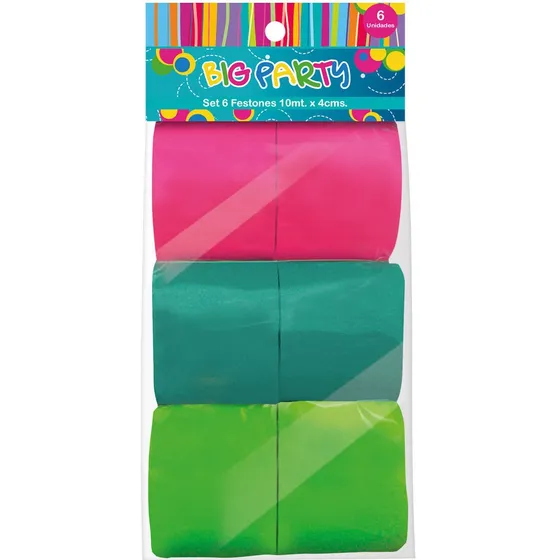 Set 6 Festones Fucsia, Turquesa Y Verde Lima Big Party