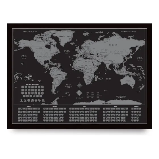 Mapa Mundi C/ Bandeiras De Raspar 42x60 Com Moldura