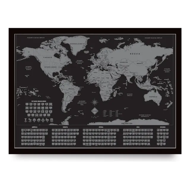 Mapa Mundi C/ Bandeiras De Raspar 42x60 Com Moldura