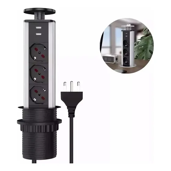 Torre Enchufe Chileno 3 Orificios(3 Enchufes + 2 Usb) Negro