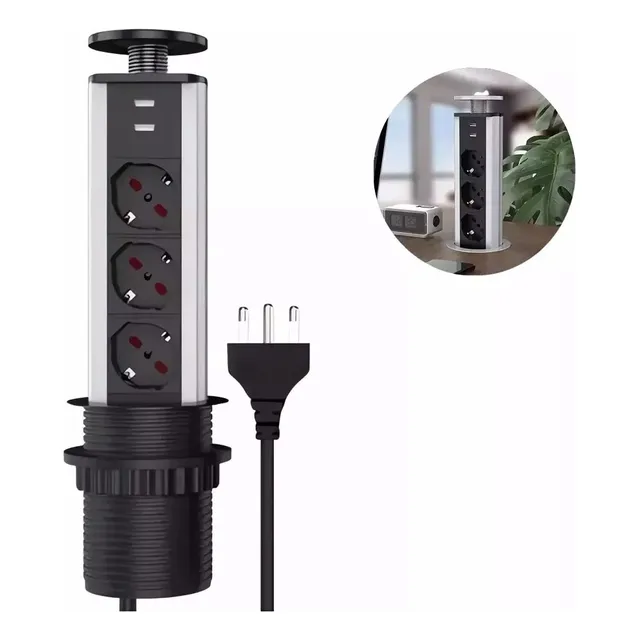 Torre Enchufe Chileno 3 Orificios(3 Enchufes + 2 Usb) Negro
