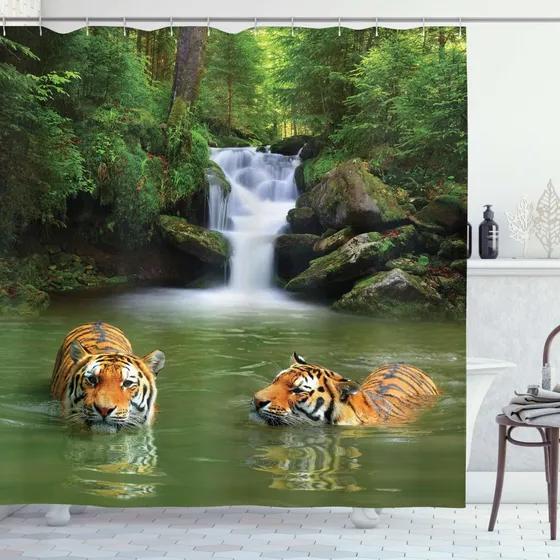 Cortina Ducha Diseño Tigr Siberiano Agua Cascada Piscina 84 