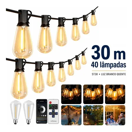 St38 30m Varal Cordao Luzes Área Externa Bluetooth 40 Lampadas Decorativo LED casamento, festa, mercado, jardim, varanda, bistrô 110/220v