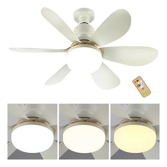 Ventilador Con Lampara Led Portalampara E27 Silencioso 3 Vel 42 Cm Blanco Blancas Abs 6