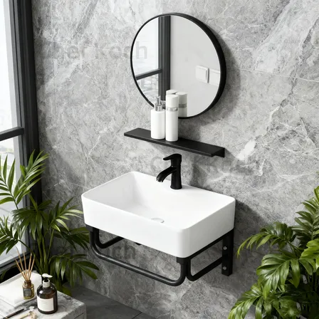 Lavabo De Cerámica De Estilo Moderno Y Sencillo De Alta Calidad, Colgado De La Pared, Equipado Con Soporte De Acero… Mate Blanco