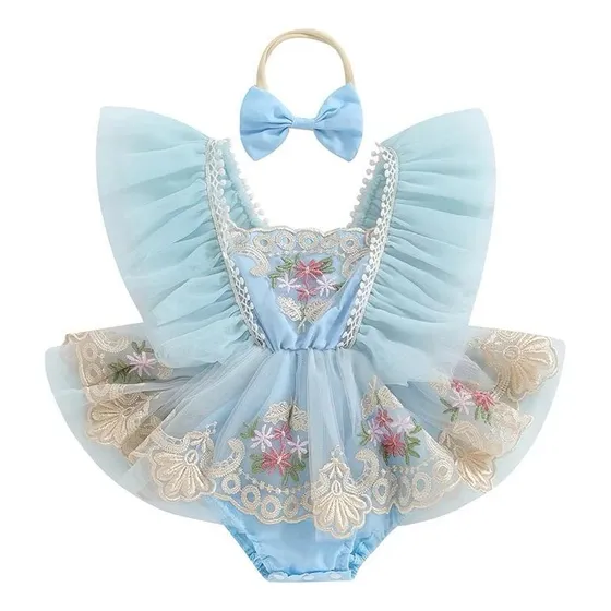 Vestido Bebe Em Renda Bordado Flor , Romper Smash + Faixa 
