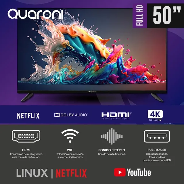 Smart TV Quaroni Q50N24 de 50'' 4K Netflix YouTube Panel D-Led 3 Puertos HDMI 2 Puertos USB Puerto RCA Puerto OPTICO 60HZ Resolucion 3840x2160