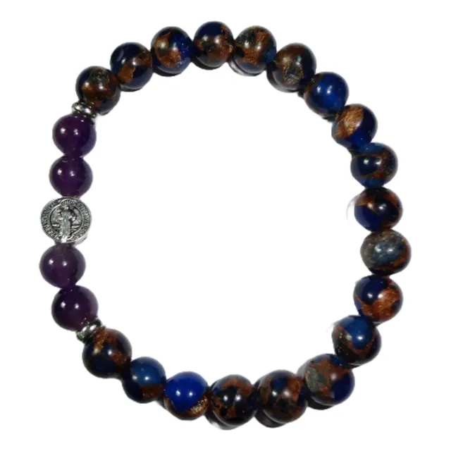 Pulsera San Benito Piedra Amatista Y Ojo De Tigre Azul
