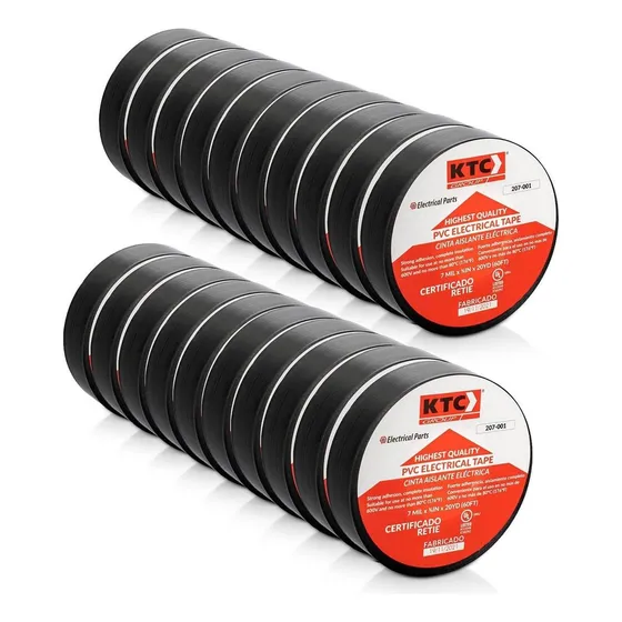Cinta Aislante Eléctrica KTC PVC Negra UL, Paquete de 20 Unidades de 18m, Resistente y Segura para Instalaciones Eléctricas, Alta Adhesión y Flexibilidad.