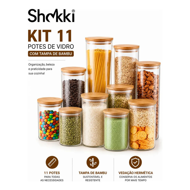 Kit com 11 potes de vidro de diferentes tamanhos com tampas de bambu, contendo diversos mantimentos como massas, grãos, café e biscoitos, sobre fundo branco.