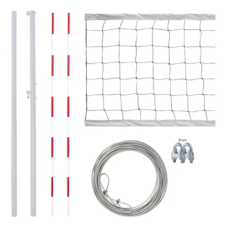 Kit Poste De Volei Com Rede Oficial, Cabo De Aço E Antenas Branco E Vermelho