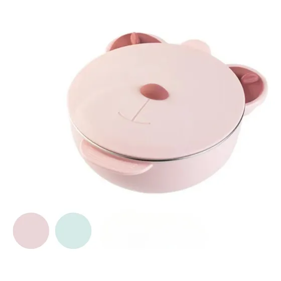 Plato Infantil Con Sopapa Y Tapa Térmico Bebé Antideslizante Rosa Oso