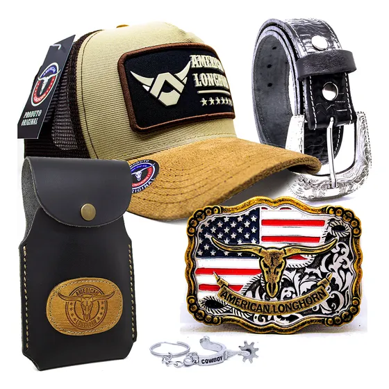 Kit Presente Cowboy Cinto Couro Fivela Bainha Celular + Bone