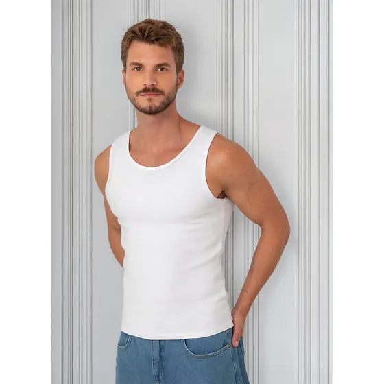 Camisa Regata Branca Americana Canelada Cavada Algodão