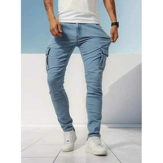Jeans Flexibles De Bolsillo Múltiple De Moda Masculina