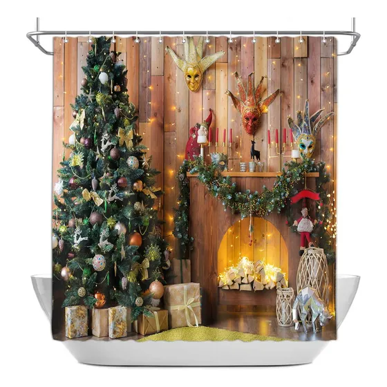 Cortina Ducha Navidad Chimenea Arbol Regalo Casa Campo Feliz