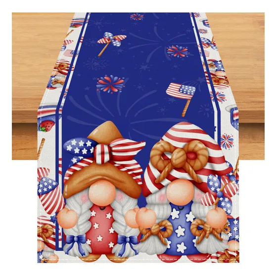 Camino Mesa Gnomo Patriotico Lino Rojo Blanco Azul 72  Largo