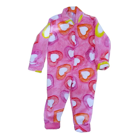 Macacão Pijama Infantil Soft Pelúcia Rosa Com Corações