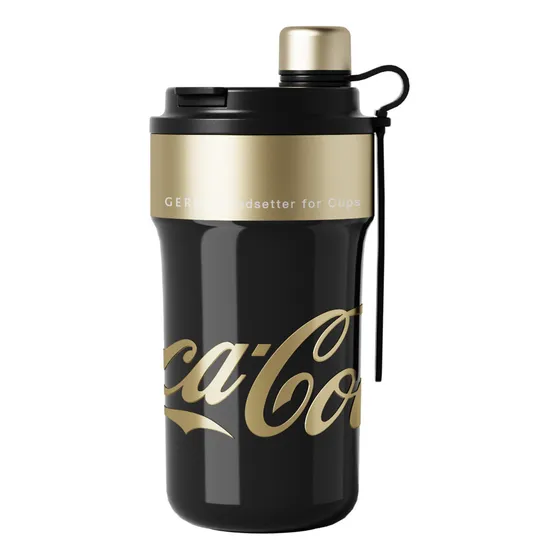 Cocacola Termo De Acero Inoxidable 316 Con Tapas Hermético Y Pajita 650ml, Portátil Con Asa De Silicona , Boca Ancha, Antideslizante, Para Bebidas Fríos Y Calientes Negro