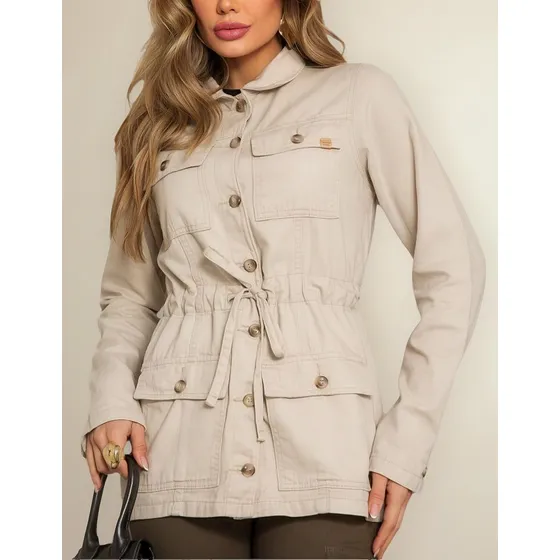 Jaqueta Parka De Sarja Feminina Com Bolsos Color Verde Bege