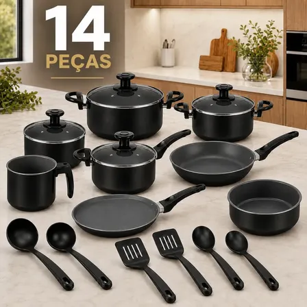 Jogo De Panelas Antiaderente 14 Peças Kit Preto Com Tampas De Vidro Fervedor Frigideiras Assadeira Sólar Kit Utensílios Conjunto Cozinha