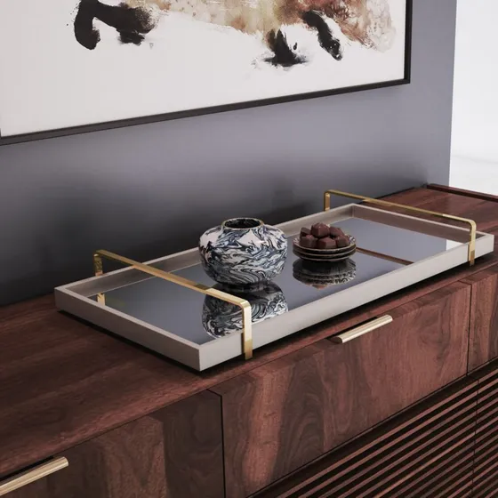 Bandeja Espelhada Laqueada Com Alça Dourada Tna Decor