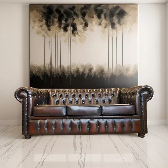 Sillón Chesterfield Clásico Atipiko 3c Cuero Vacuno Bordó Decapado