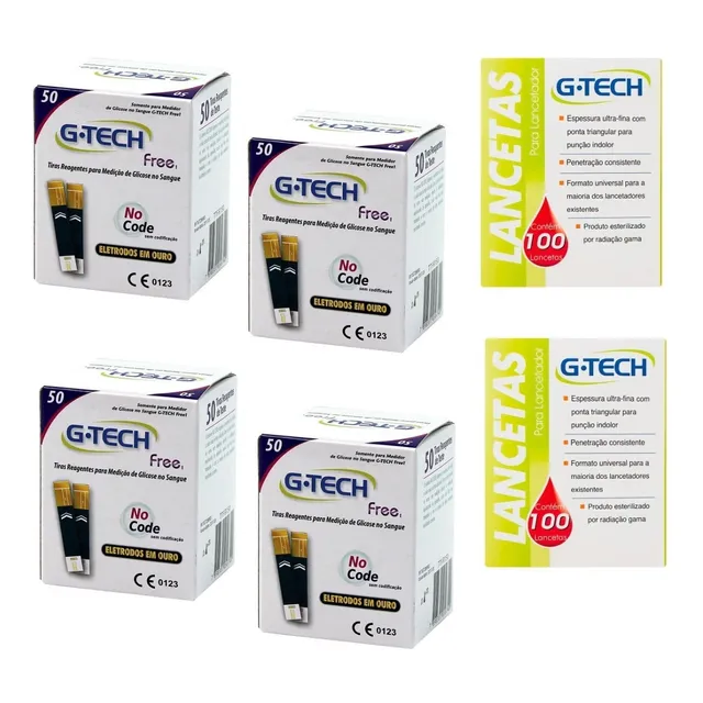 200 Tiras Teste Glicemia P/ G-tech Free Smart + 200 Lancetas