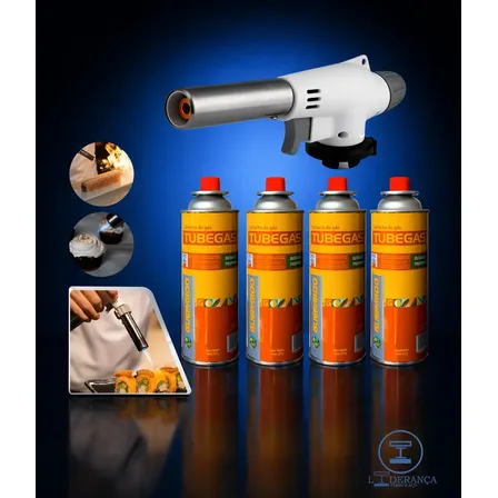 Kit Maçarico Culinário Profissional Starfer + 4 Refil Gás Ntk Amarelo Escuro