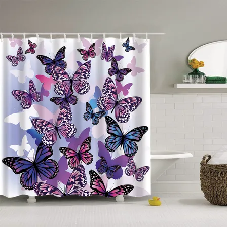 Cortina Baño Ducha Tela Impermeable, Modelos Color Mariposas Moradas - 600grs