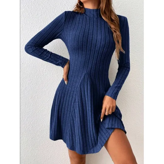 Vestido Corto Acanalado Cuello Alto Azul Acampanado Teffy