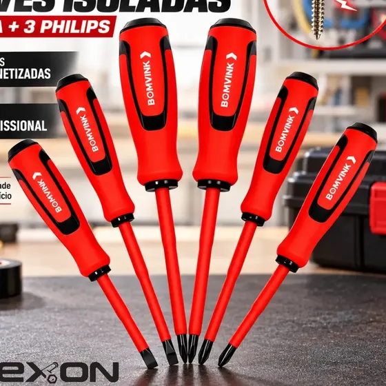 Kit Jogo 6 Chaves Isoladas Imantadas Fenda Philips Ferramenta Profissional Eletricista Tomada Disjuntor Emborrachada Isolada Anti Eletricidade Anti Choque Fenda E Phillps Estrela Hexon